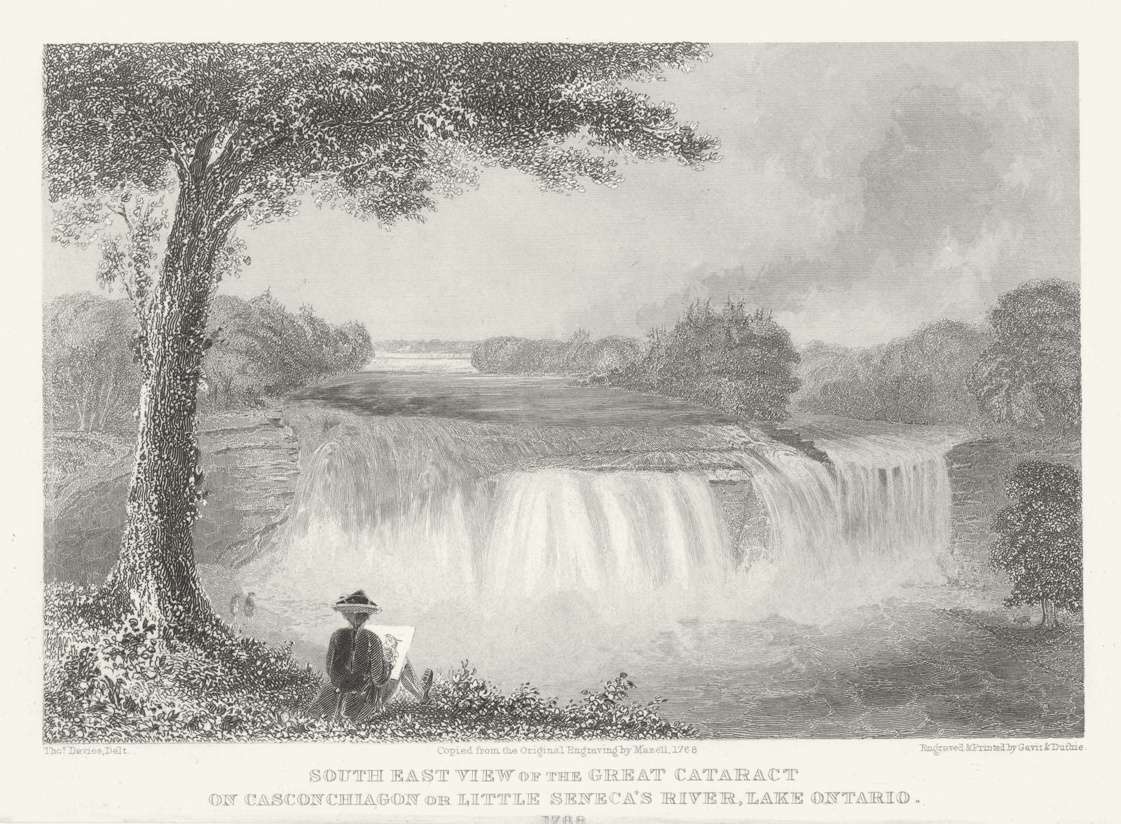 Great Seneca Falls on Casconchiagon, Genesee River in 1768. 1849 old print